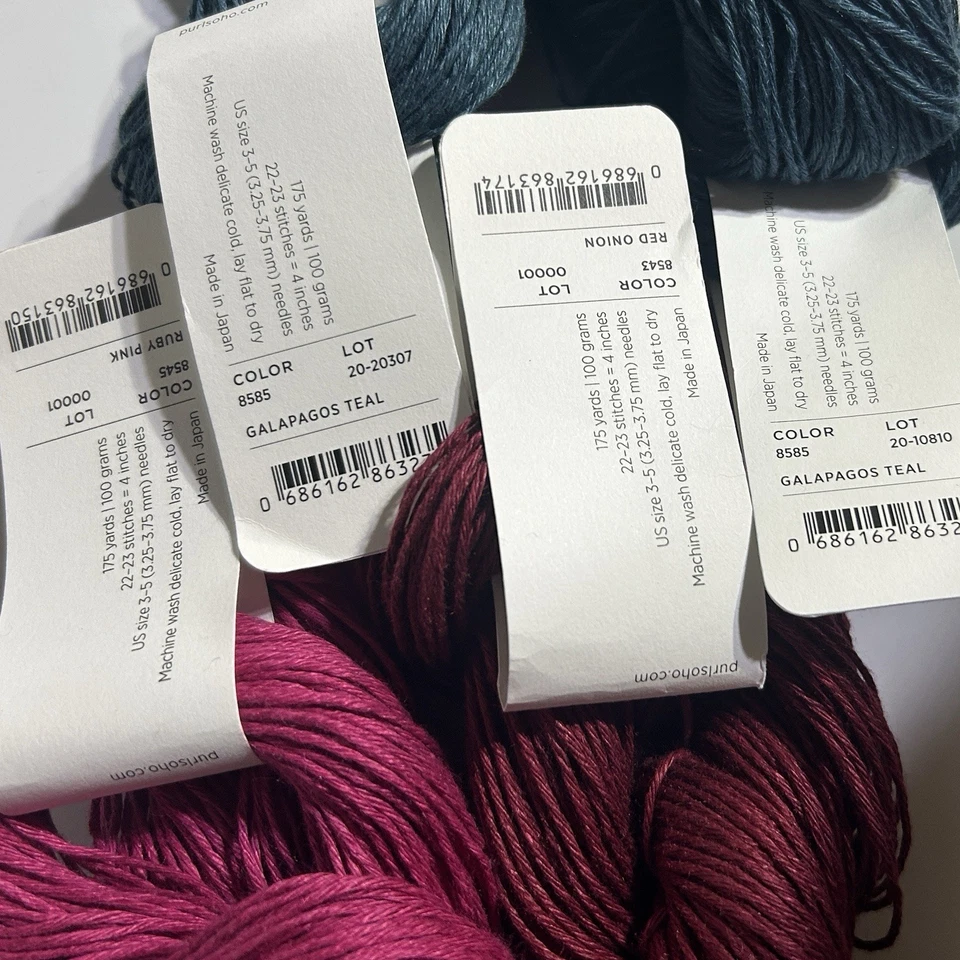 Four Hanks Purl Soho Blackbird Lino - Verde azulado de Galápagos, rosa rubí, cebolla roja Foto 3 de 3