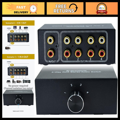 4-Way RCA Audio Selector Switch Box - 4 In 1 Out/1 In 4 Out, No Power Needed