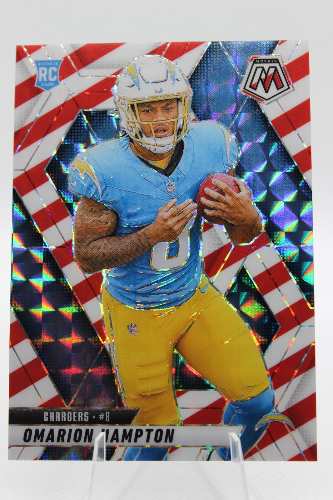 Panini Mosaic 2025 Red & White Stripe Prizm Rookie #335 Omarion Hampton Chargers