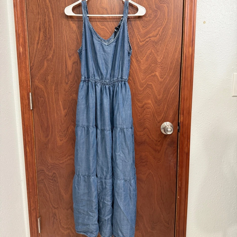 Maxi Vestido Para Mujer Terciopelo Corazón Azul Cambray Sin Mangas en Niveles Foto 2 de 4