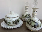 Vintage Charleton Milk Glass Vanity Set Fruit Gold Dots Box Hobnail Plate
