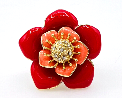 Gold Tone Red Orange Enamel Crystal Flower Ring Size 7