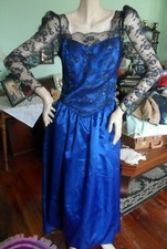 Royal Blue Black 80s Vtg dress lace bows long sequin netting tea length backless