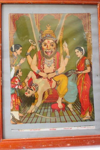 Antiguo Rajá Ravi Varma Dios Hindú Vishnu Avatar NARSIMHA Estampado Litográfica NH3979 - Imagen 8 de 9