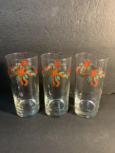 Set of 3 Vintage Anchor Hocking Poinsettia & Ribbons Ice Tea Glasses  6 1/4"