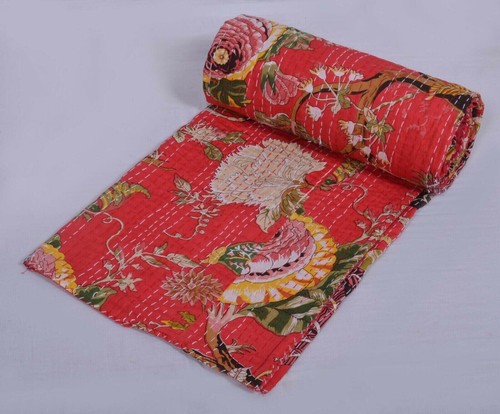 Indian Hand Block Floral Kantha Quilt,Blanket Cotton King Size Bedspread Throw - Picture 9 of 10