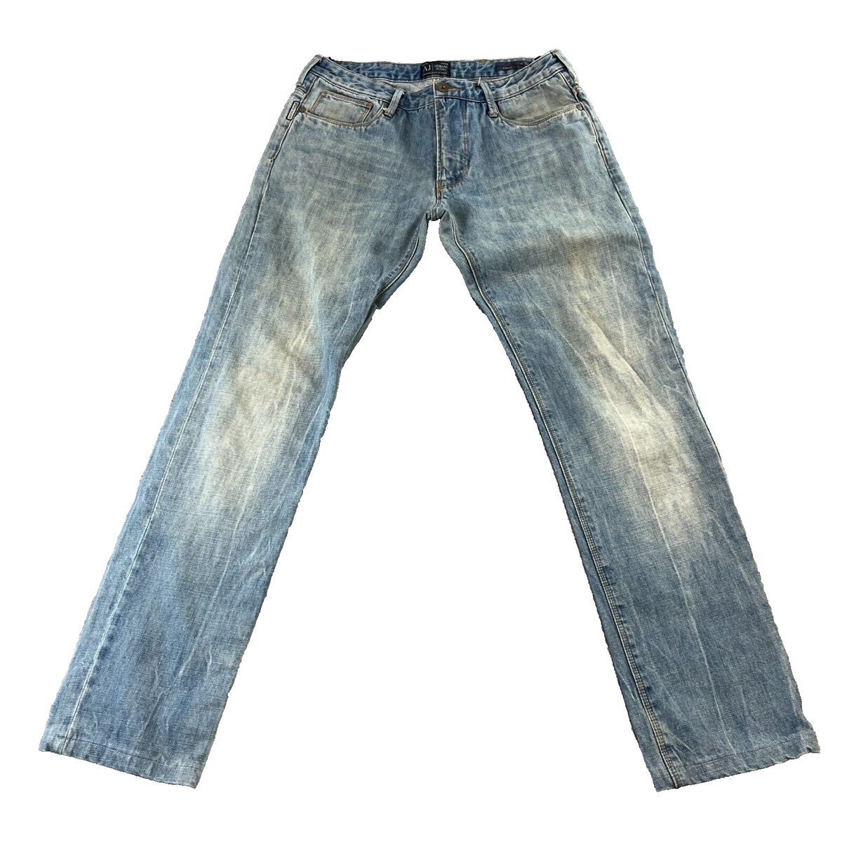 Armani Mens Jeans W32 L30 Straight Leg Light Blue Washed Faded