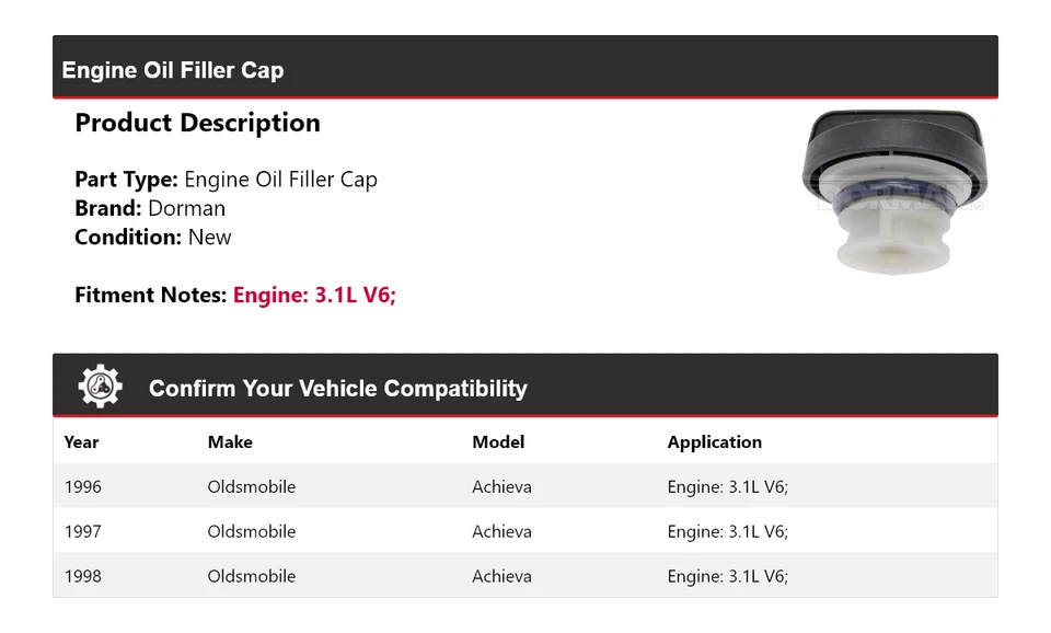 For 1996-1998 Oldsmobile Achieva 3.1L V6 Dorman Engine Oil Filler Cap 1997 - Image 2 of 4
