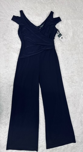 LAUREN RALPH LAUREN DARK BLUE JUMPSUIT, CROSSOVER TOP, SPLIT SHOULDER, SIZE 10 - Picture 4 of 17