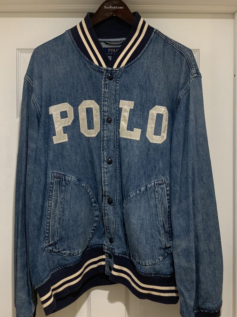 New Polo Ralph Lauren Spell Out Bomber Varsity Denim Jacket Men's