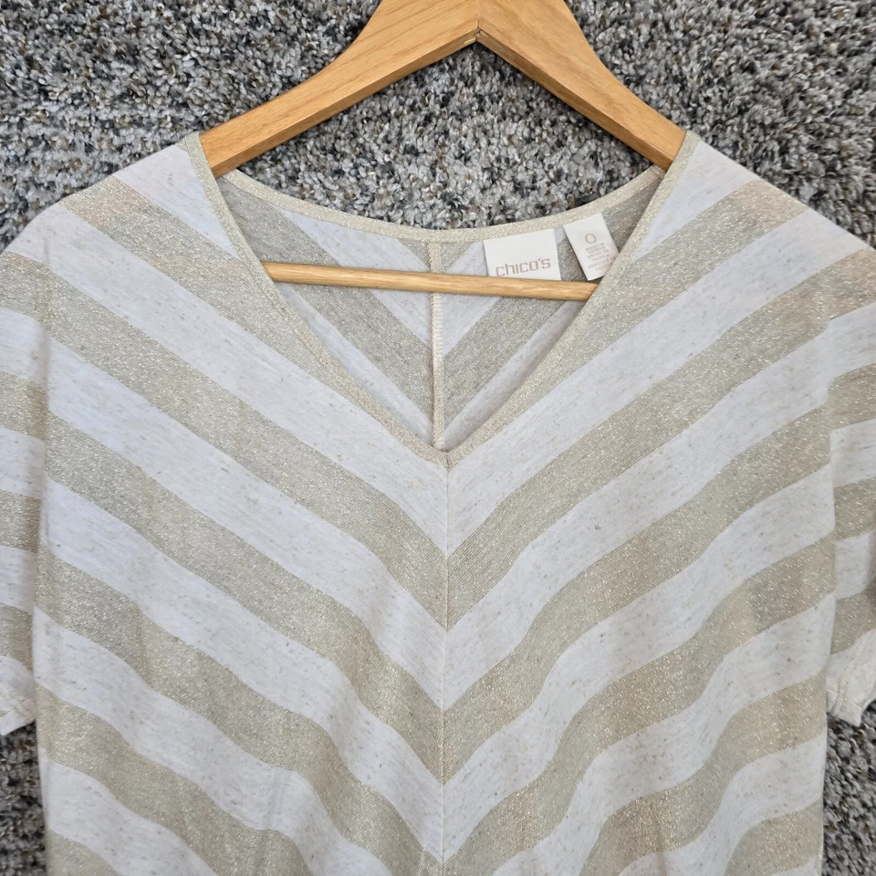Chicos Top Womens 0 US Small Beige Striped V Neck Sheer Short Sleeve Tee Casual - Image 4 of 4