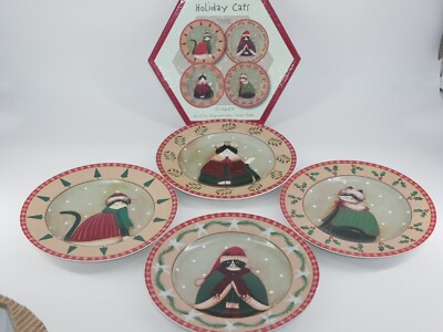 Sakura Oneida Dishes Fiddlestix '' HOLIDAY CATS'' 4 Stoneware Salad Dessert Plates