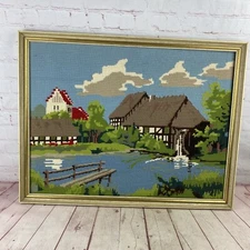 Vintage Wood Framed Hand Done Needlepoint Piece Old Mill