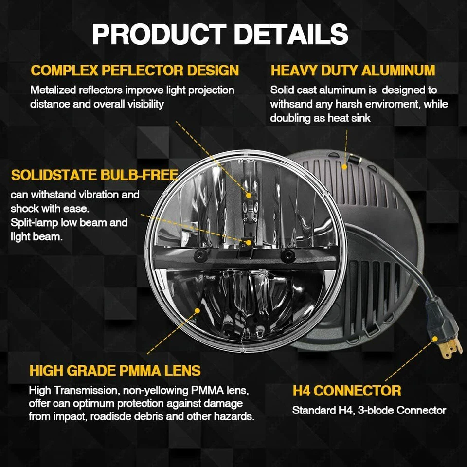 2X 7Inch LED Headlights For Land Rover Defender Headlamp RHD Hi/Lo Beam 90 110 - Image 4 of 4