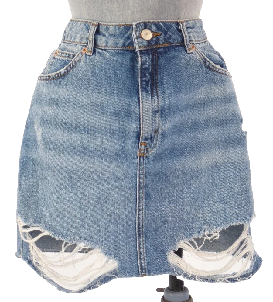 Topshop Moto Denim Skirt Ripped Stone Wash Y2K Blue Cotton Distressed size UK10