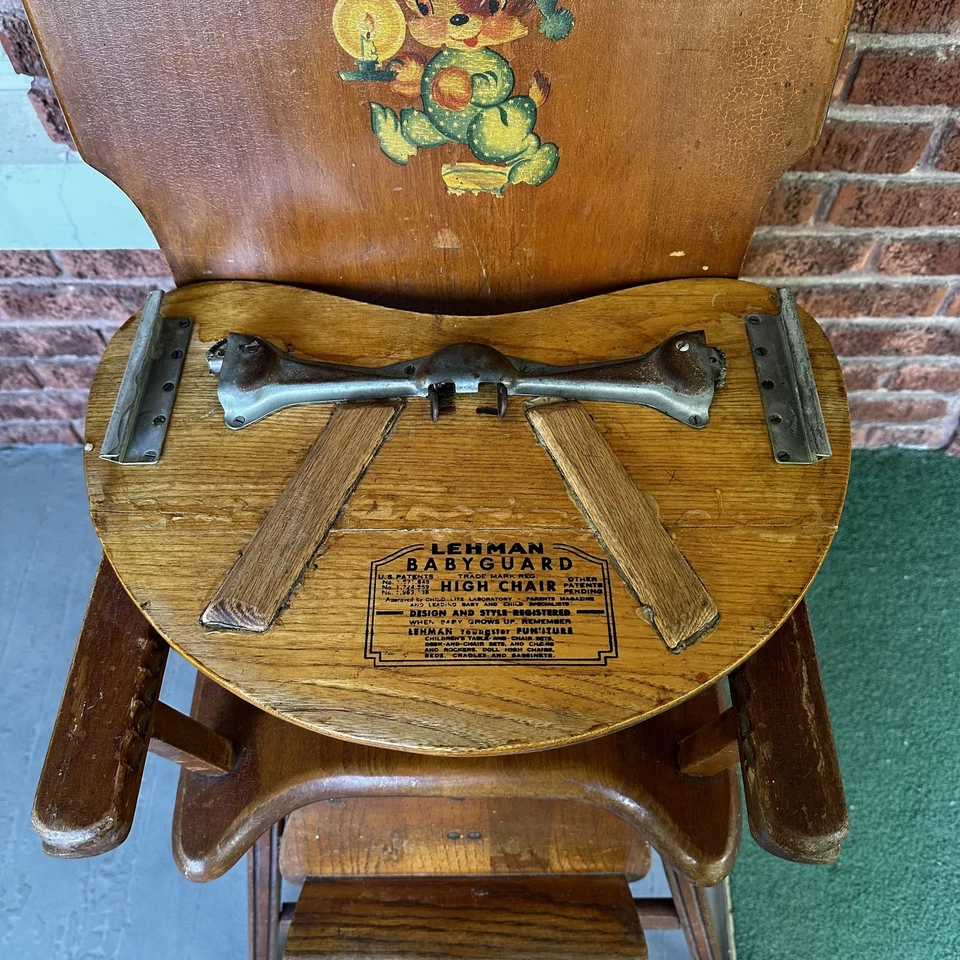 Silla alta de madera vintage Lehman Babyguard oso calcomanía EE. UU. silla infantil Foto 4 de 4