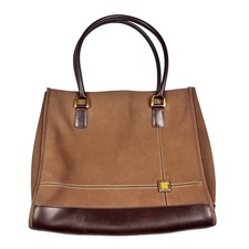 Diane von Furstenberg Brown Canvas Tote Bag Faux Leather Trim Gold Hardware