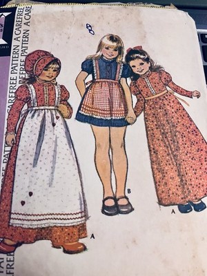`74 McCall`s 4268 Holly Hobbie Inspired Girls Dress Pinafore/Apron Bonnet SZ 2T
