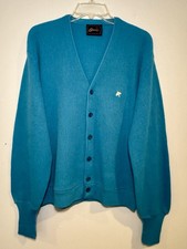 Vintage Arnie Arnold Palmer Golf Cardigan Sweater LARGE Teal Blue Umbrella READ