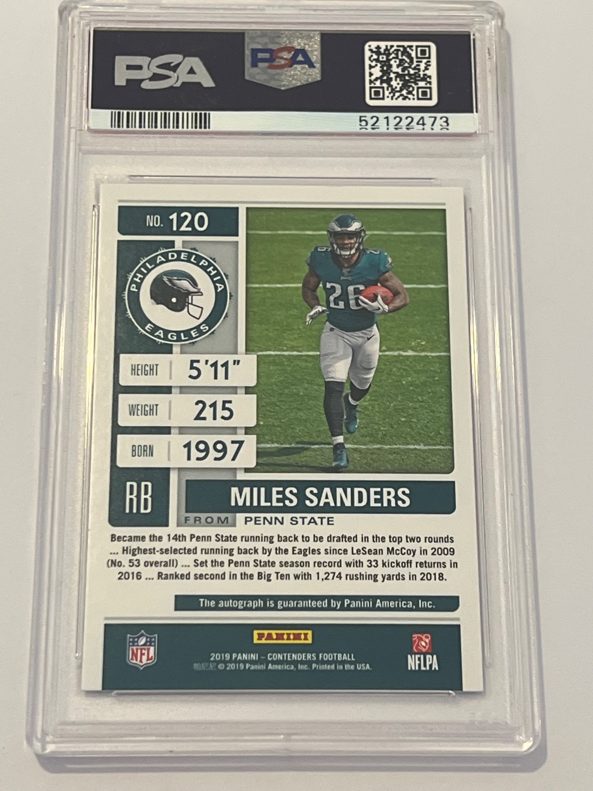 2019 Panini Contenders Miles Sanders Team Helmet Red Zone Rookie PSA 10 #120 view 3