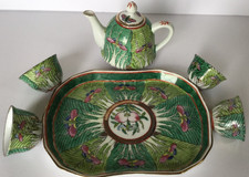 Vintage Chinese Bok Choy Butterflies Tea/Sake Set