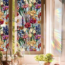 Stained Glass Window Film, Decorative Privacy Film, 17'' x 39.37''  Floral R...