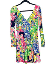 Lilly Pulitzer Fleur Travelers Palm Dress Long Sleeve V-Neck M Medium READ Flaw