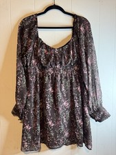 Lush Brown Pink Green Floral Chiffon Mini Dress Puff Sleeve Square Neck Ruffle L