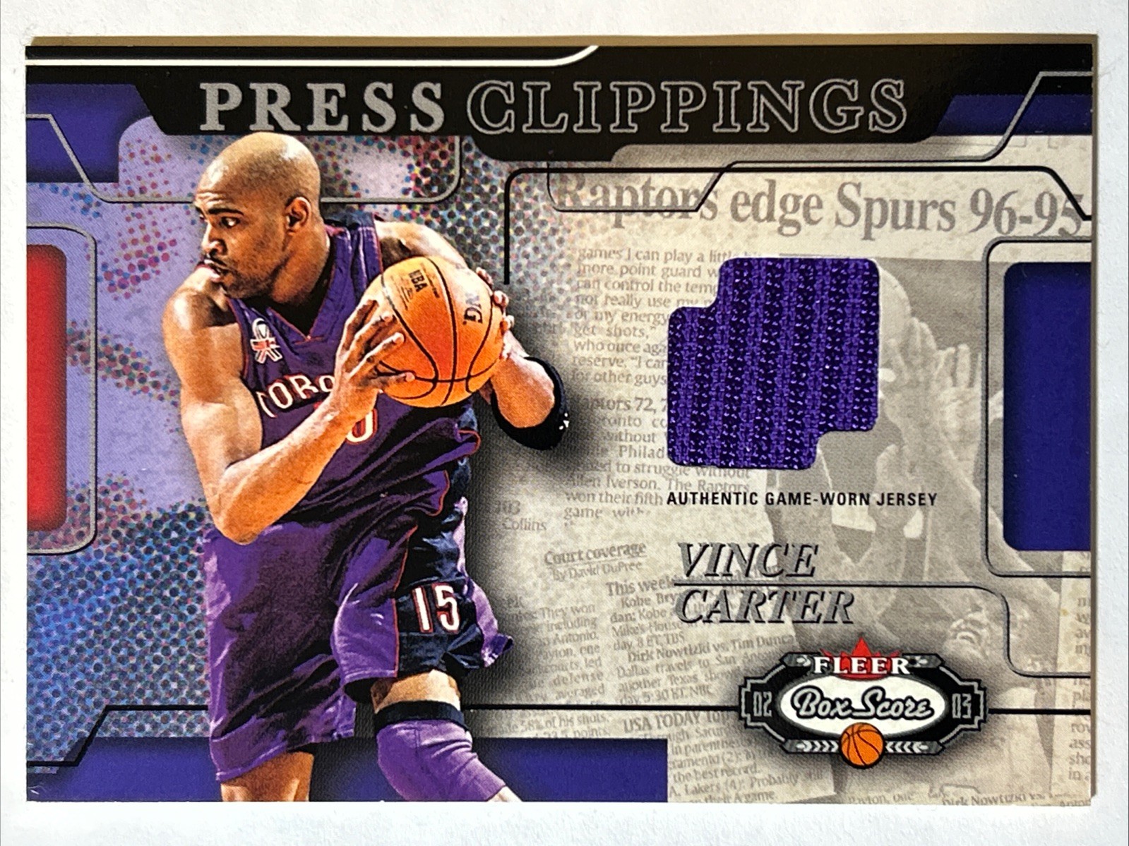 2002-03 Fleer Box Score Press Clippings, Vince Carter Game Used Jersey Card