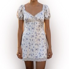 FOREVER 21 Cream Satin Wild Floral  Mini Dress Puff Sleeves XL Y2K