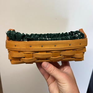 Longaberger Mini Rectangular Handwoven Wood Basket w/ Handle Green Fabric Liner