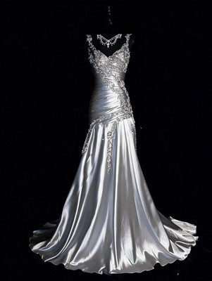 Satin Silver Wedding Dresses Vintage Ruched Embroidery Applique Bridal Gowns  | eBay