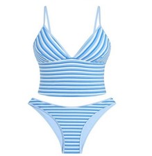 ZAFUL Two-Piece Spaghetti Strap V Neck TANKINI Swimsuit, Blue Stripes Large