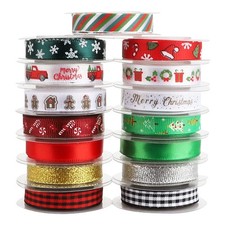 15 Rolls 75 Yards Christmas Ribbons, 0.4inch Christmas Printed Grosgrain Ribb...