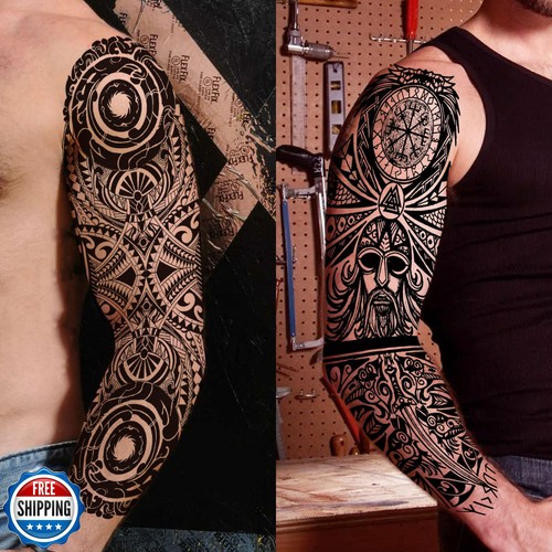 20 Sheets Maori Totem Full Arm Temporary Tattoos For Men Women Thigh, Warrior - Picture 4 of 5