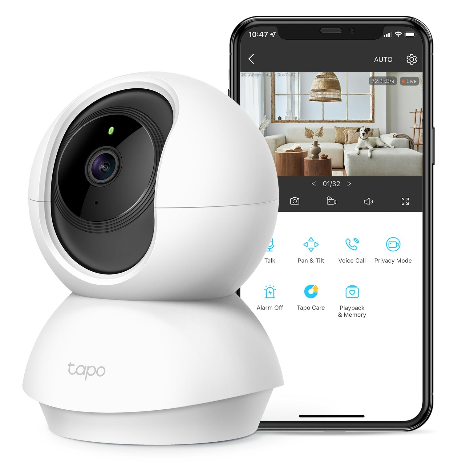 Tapo TP-Link 2K Pan Tilt Security Camera for Baby Monitor, Dog Snow White