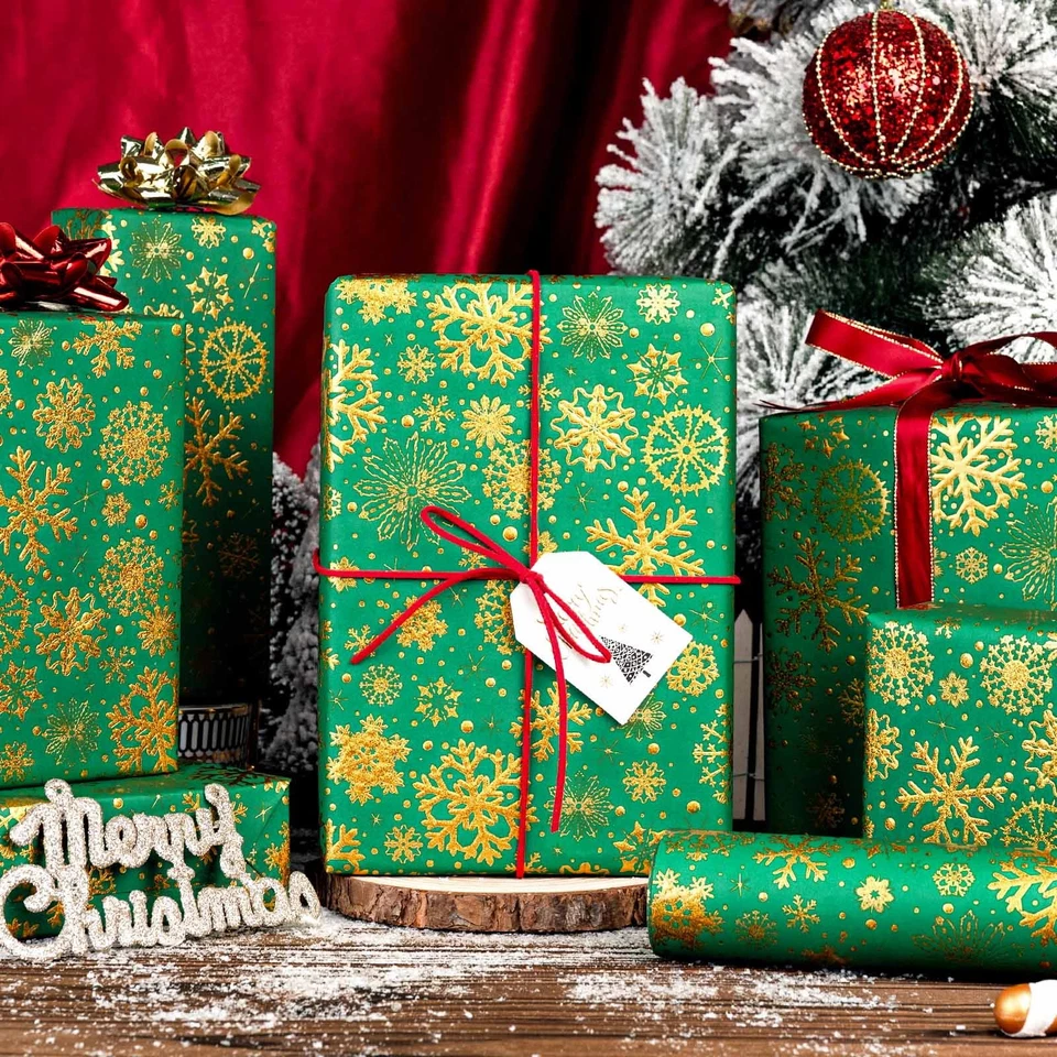 Green Gold Snowflake Christmas Wrapping Paper Roll Metallic Foil 17x33 Ft Gift - Image 4 of 4