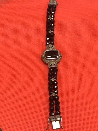 VINTAGE STERLINGSILBER 925 SIGNIERT ONYX MARKASITEN DOPPELSTRANG ARMBAND 7,25"