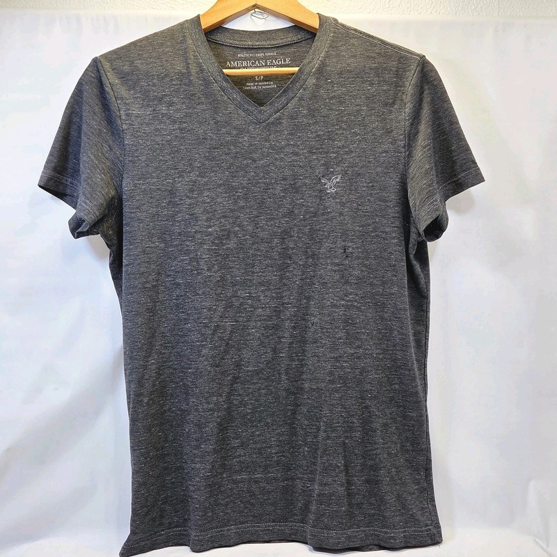 American Eagle Distressed Holey Heathered Gray VNeck T Shirt Grunge Thrashed Y2K