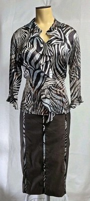 Vtg Doncaster Women's 2PC Set Ruffle Blouse Pencil Skirt Silk Animal Print Sz 6 