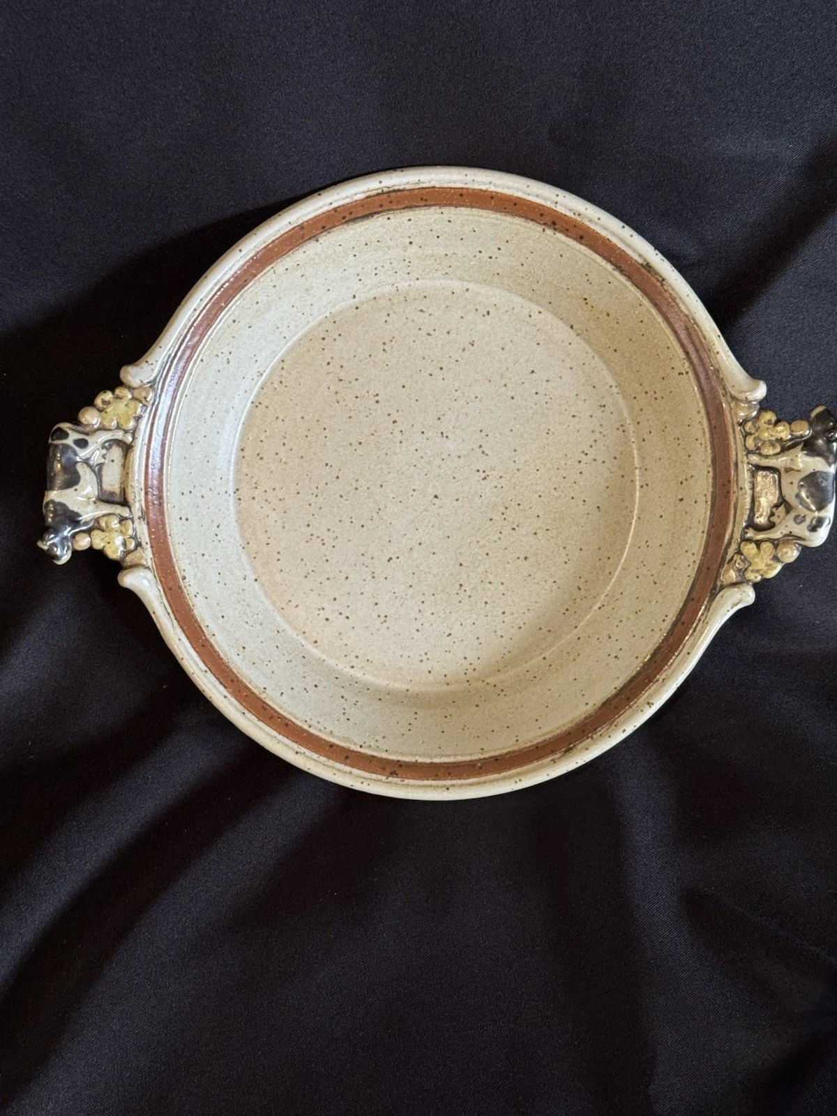 Hand Crafted Artisan Stoneware Pie Plate with Cow Handles Signed by Artist