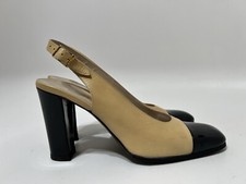 Vtg Chanel AW1996 Bicolor Beige Black Leather Slingback Heels 35.5