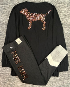 Victoria's Secret Pink Bling Leopard Dog Campus LS Tee Shirt + Leggings Set L 💖