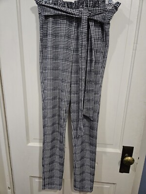 Shein Small US 4 Black and White Elastic Waist Pants With Attached Tie Belt