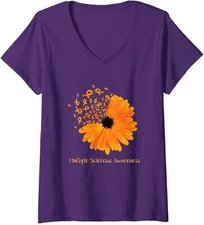 Multiple Sclerosis Awareness Ribbon Flower Fighter Ladies' V-Neck Tshirt