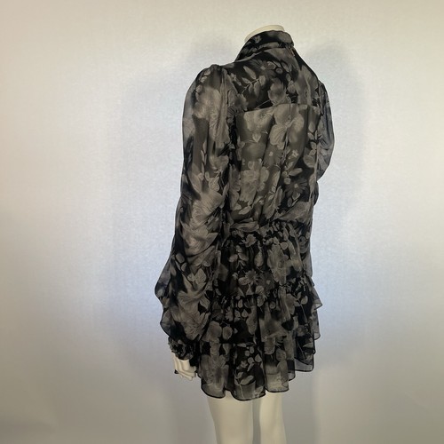 MISA LOS ANGELES Kleid UK L Mini Grau Schwarz Blumen Chiffon Rüschen Langarm - Bild 7 von 10