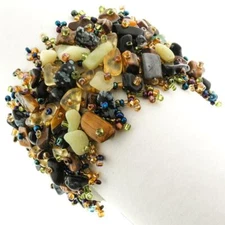 Wide Mixed Lemon Jade Tiger Eye Gem Chips Glass Seed Beads Handmade Bracelet, 2"