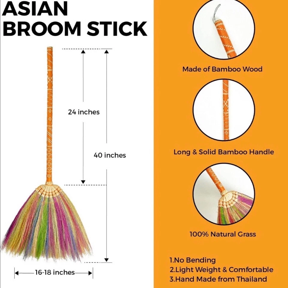Asian Broom Grass Hand Crafted Broom Whisk Broom Bamboo Stick Handle Handmade - Image 2 of 4
