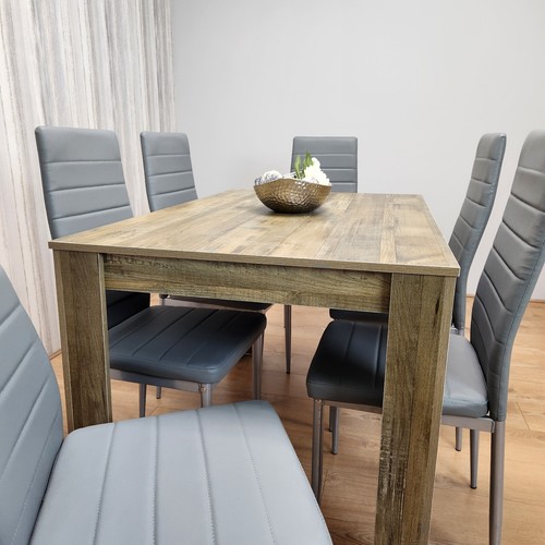 Dining Room Table Set Rustic Effect Dining Table and 6 Grey Faux Leather Chairs - Picture 6 of 8