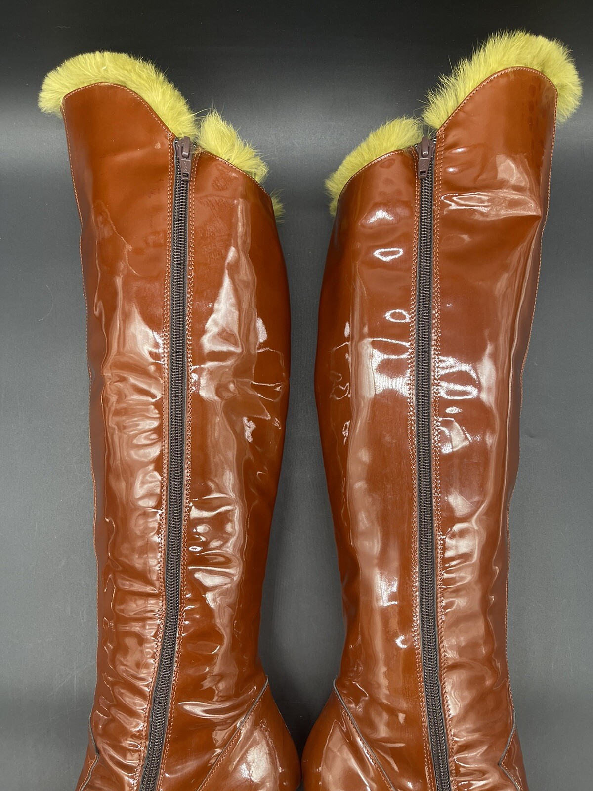$995 Giancarlo Paoli Henna Brown Patent Leather Boots With Green Fur Sz 39 Tall